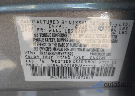 2021 Nissan Sentra S Xtronic Cvt from USA, damaged, VIN 3N1AB8BV5MY271849